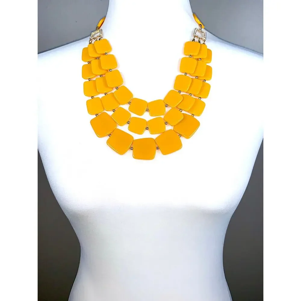 Vintage 1970's Multistrand Mustard Yellow Acrylic Square Statement Necklace